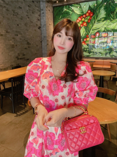 Summer high-end temperament Korean chic rose red peony flower puff sleeve ruffled long dress