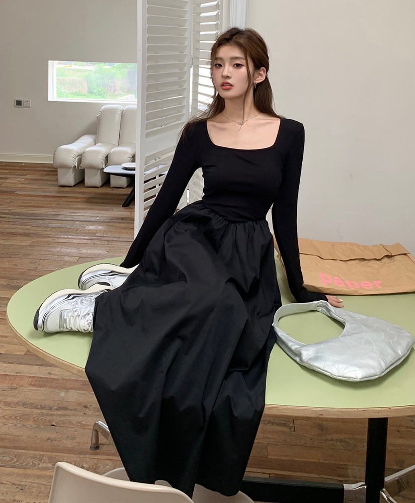From 82 to 2023 autumn new square collar long-sleeved knitted dress women's French waist slimming dress