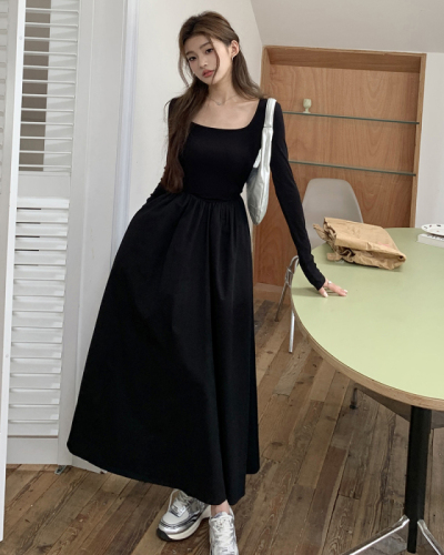From 82 to 2023 autumn new square collar long-sleeved knitted dress women's French waist slimming dress
