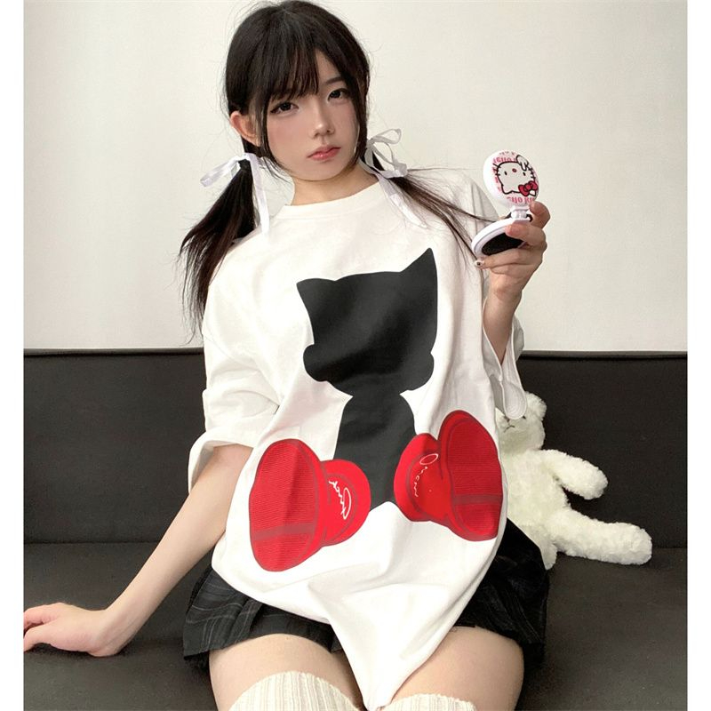 Printed Short Sleeve T-Shirt Covered Shoulder Collar with Seam Edge