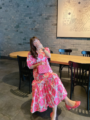 Summer high-end temperament Korean chic rose red peony flower puff sleeve ruffled long dress