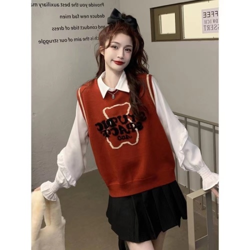 Two-piece suit spring and autumn retro chic knitted bear vest student sweater vest female