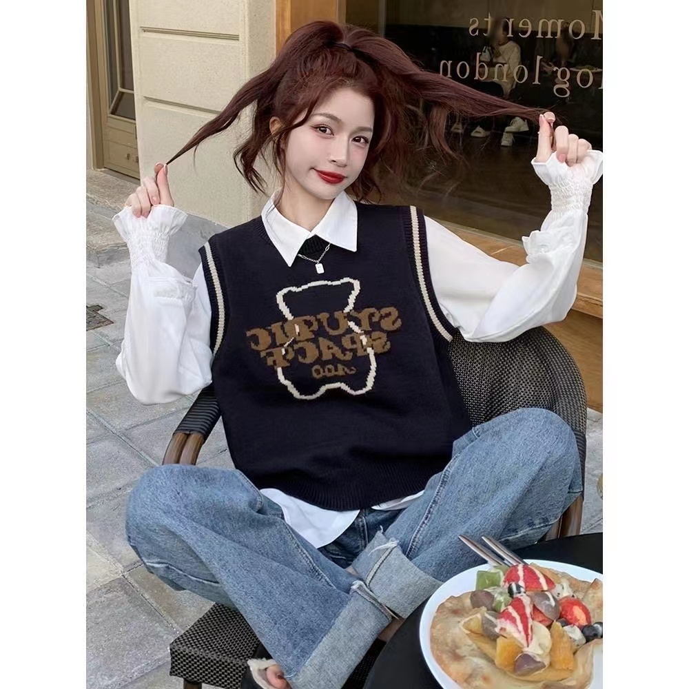 Two-piece suit spring and autumn retro chic knitted bear vest student sweater vest female
