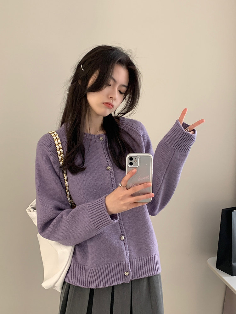 Spring and Autumn Versatile Purple Raglan Sleeves Knitted Cardigan Women Autumn 2023 New Loose Lazy Round Neck Sweater Jacket