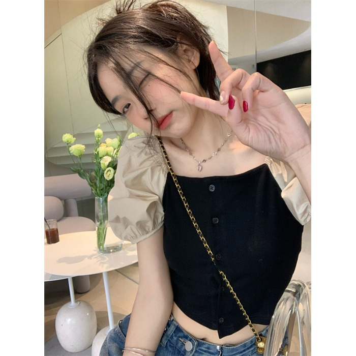 French retro square collar exposed collarbone summer new slim design short-sleeved shirt short top women's trend