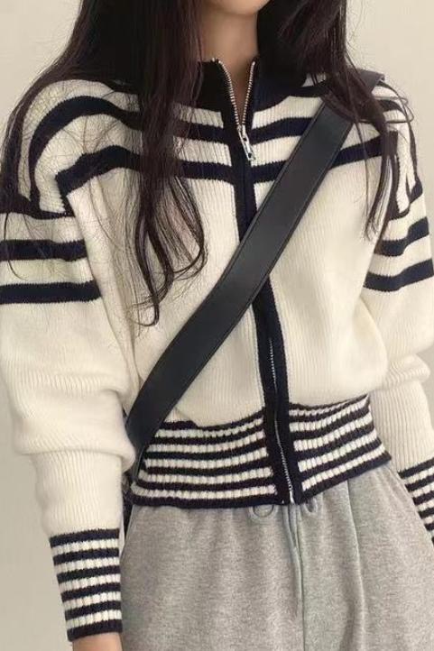 Korean chic autumn French retro zipper stand collar waist short long-sleeved striped sweater sweater jacket female