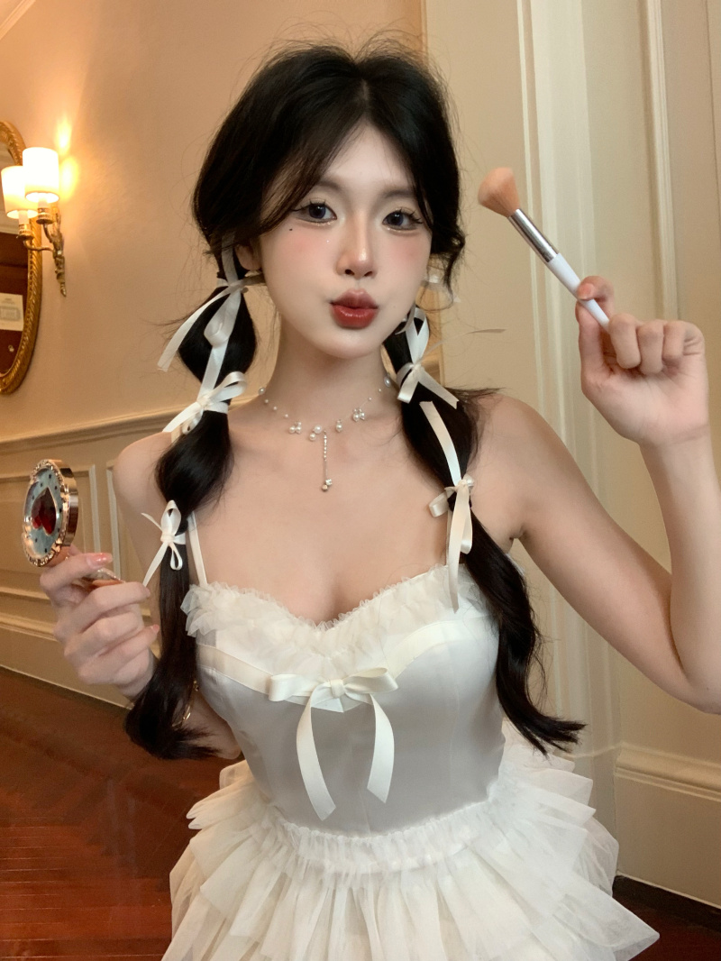 Summer pure color bow sweet camisole top + mesh half-length a-line skirt for women