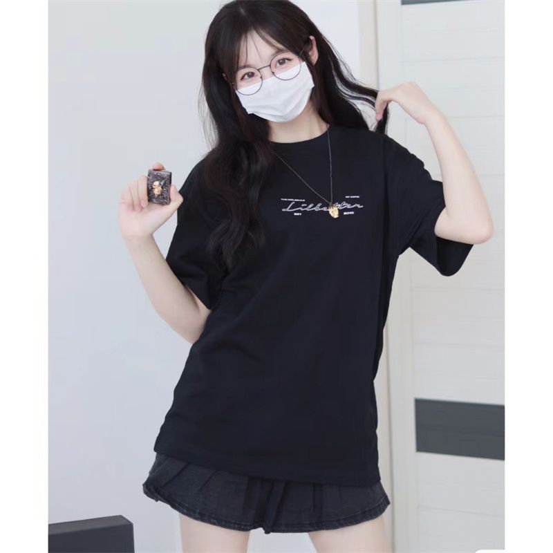 Black Printed Short Sleeve T-Shirt Cover Shoulder Collar With Seam Edge