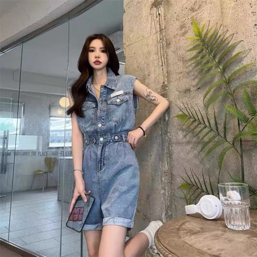 Retro denim jumpsuit women's summer  new high waist design sense straight tube slim wide leg shorts