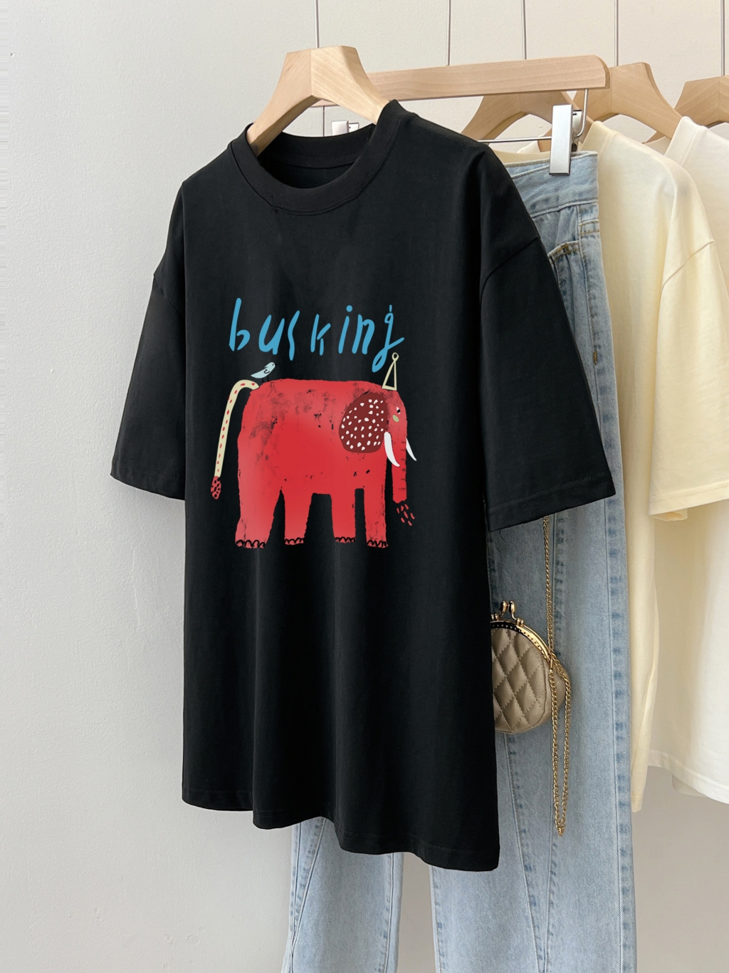 Cotton wrap collar 2023 summer new 200g cotton shoulder strip loose print short-sleeved t-shirt