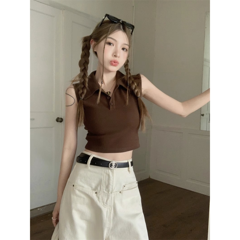 Cotton-like rib 95 polyester fiber 5 spandex retro design polo collar button sleeveless