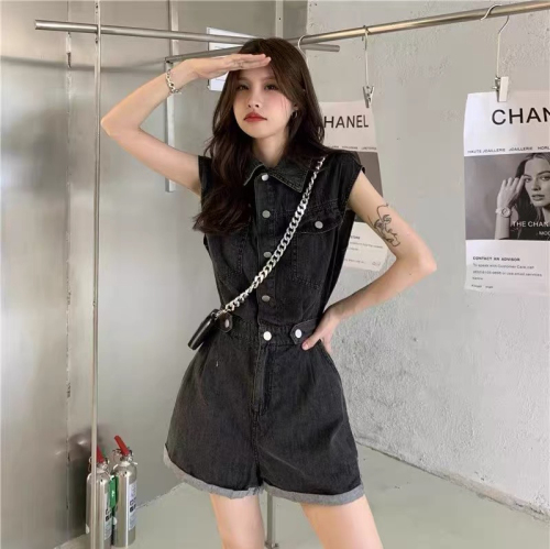 Retro denim jumpsuit women's summer  new high waist design sense straight tube slim wide leg shorts