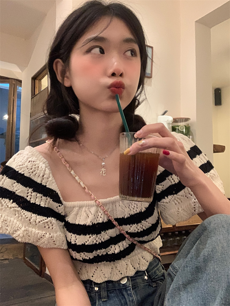 Korean Sweet Spice Girls Contrast Color Striped Square Collar Short Sleeve Knitwear Female Summer Niche Slim Short Hollow Top Trend