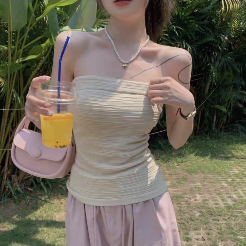 Dongdaemun 2023 summer new style sexy hottie outer wear short slim slim tube top strapless vest for women