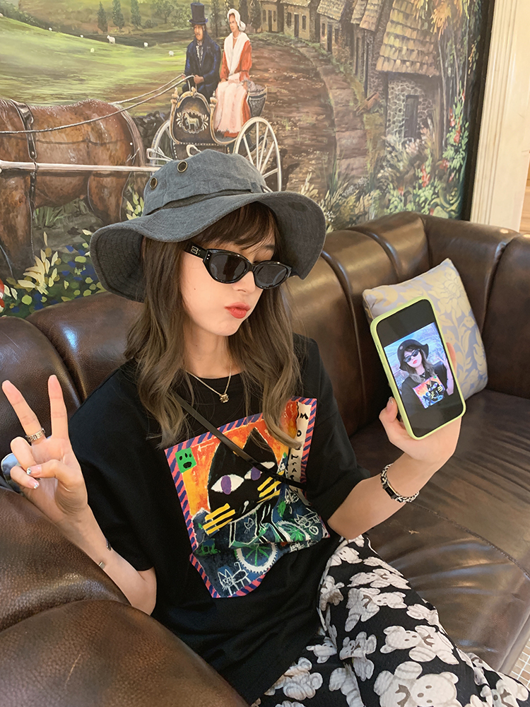 Black art cat print short-sleeved T-shirt women's summer loose niche design vintage tops
