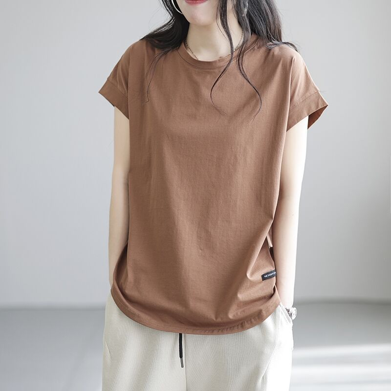 New T-shirt women's 2023 summer short-sleeved thin round neck fashion literature and art simple loose retro casual top women's clothing