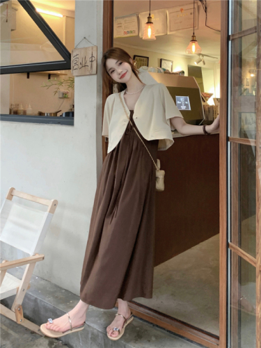 !  Korean style chic suit all-match short suit jacket with suspenders dress two-piece set
