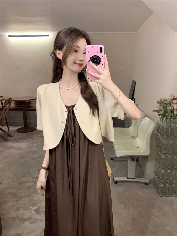 !  Korean style chic suit all-match short suit jacket with suspenders dress two-piece set