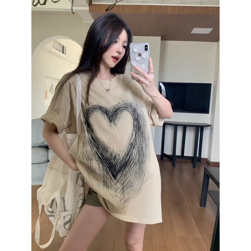 Love printed T-shirt women's summer Korean version 2023 new lazy wind jacket missing loose mid-length short-sleeved trendy