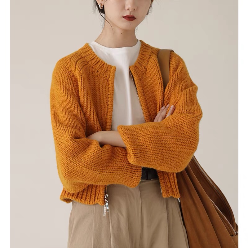 Zipper knitted sweater cardigan for women's early autumn short French retro high-end temperament loose coat top