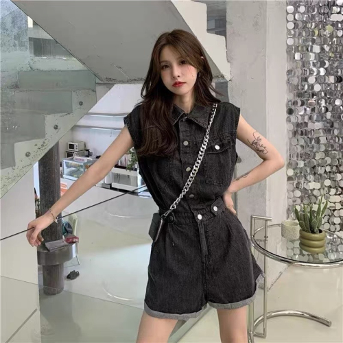 Retro denim jumpsuit women's summer  new high waist design sense straight tube slim wide leg shorts