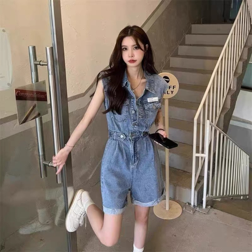 Retro denim jumpsuit women's summer  new high waist design sense straight tube slim wide leg shorts