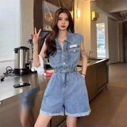 Retro denim jumpsuit women's summer  new high waist design sense straight tube slim wide leg shorts