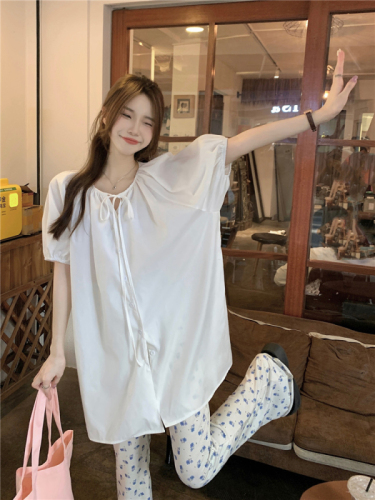 !  Small fresh mid-length puff sleeves design sense tie-up shirt small floral micro flared casual pants
