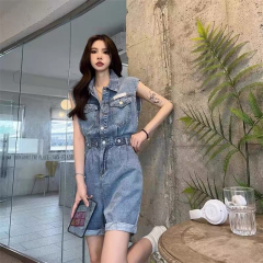 Retro denim jumpsuit women's summer 2023 new high waist design sense straight tube slim wide leg shorts