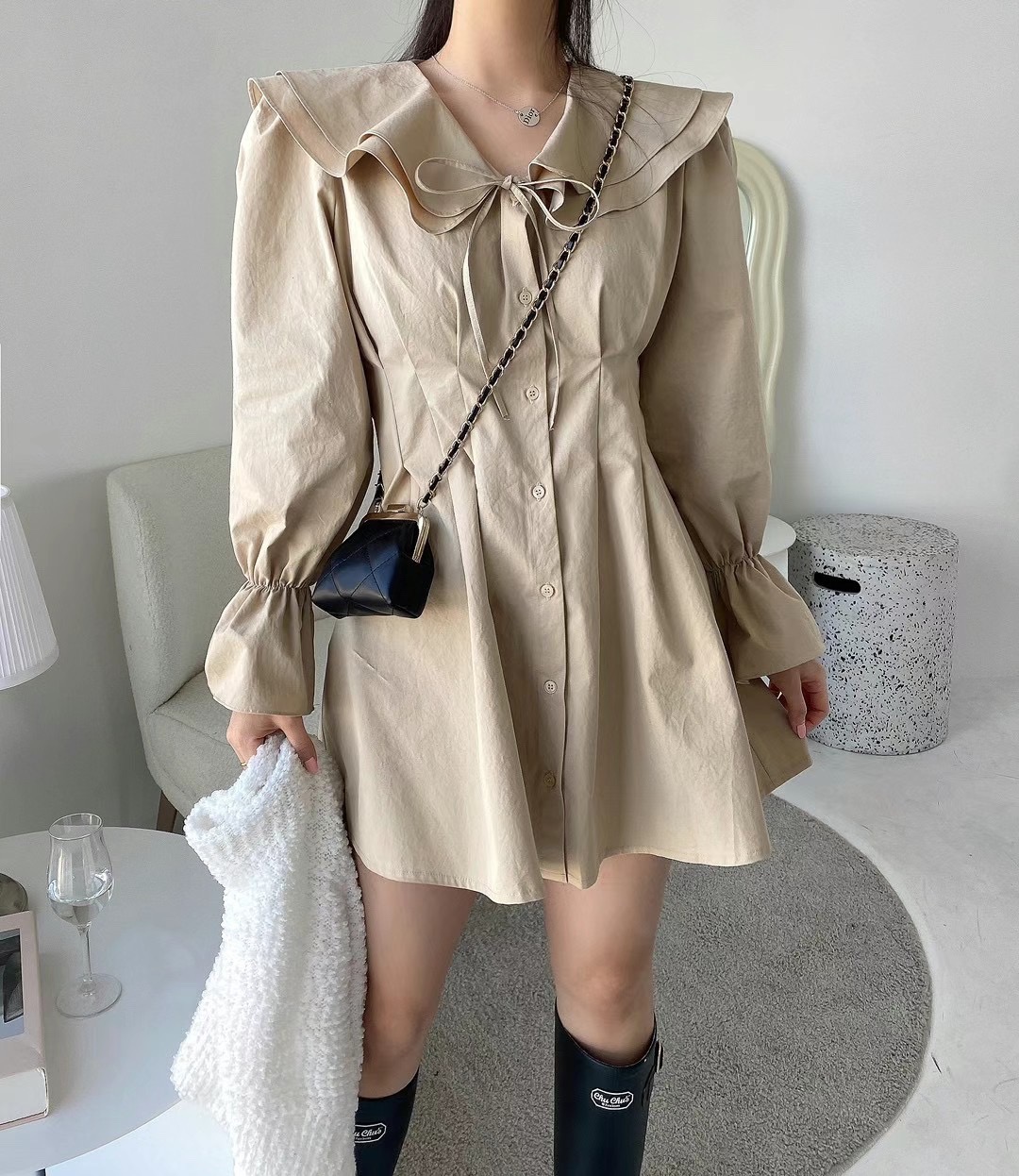 Korean Dongdaemun sweet age-reducing ruffle waist dress for women