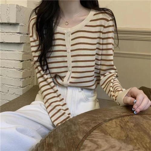 Striped knitted sweater women's loose long-sleeved summer new fashion Korean design sense cardigan with slim top trend