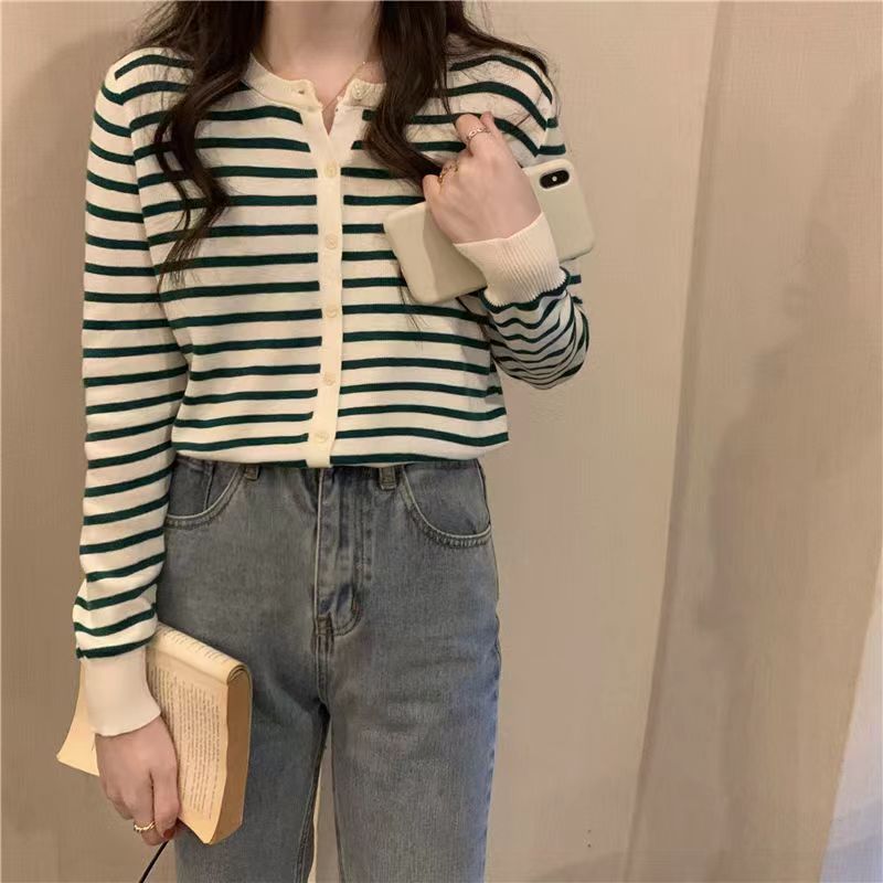Striped knitted sweater women's loose long-sleeved summer new fashion Korean design sense cardigan with slim top trend
