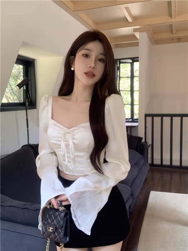 Official picture Shirt women's design sense niche shirt spring and summer white short square collar temperament long-sleeved top