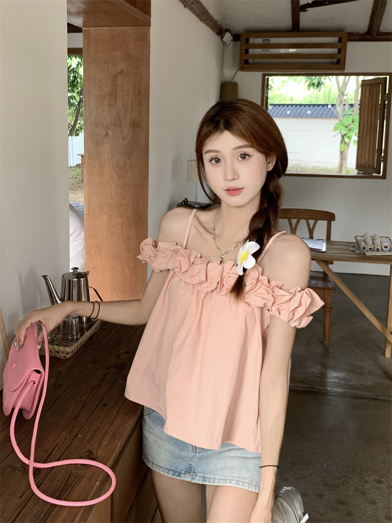 Summer sweet girl gentle wind one-shoulder small sling top design sense of ruffled sleeveless shirt female beautiful and chic