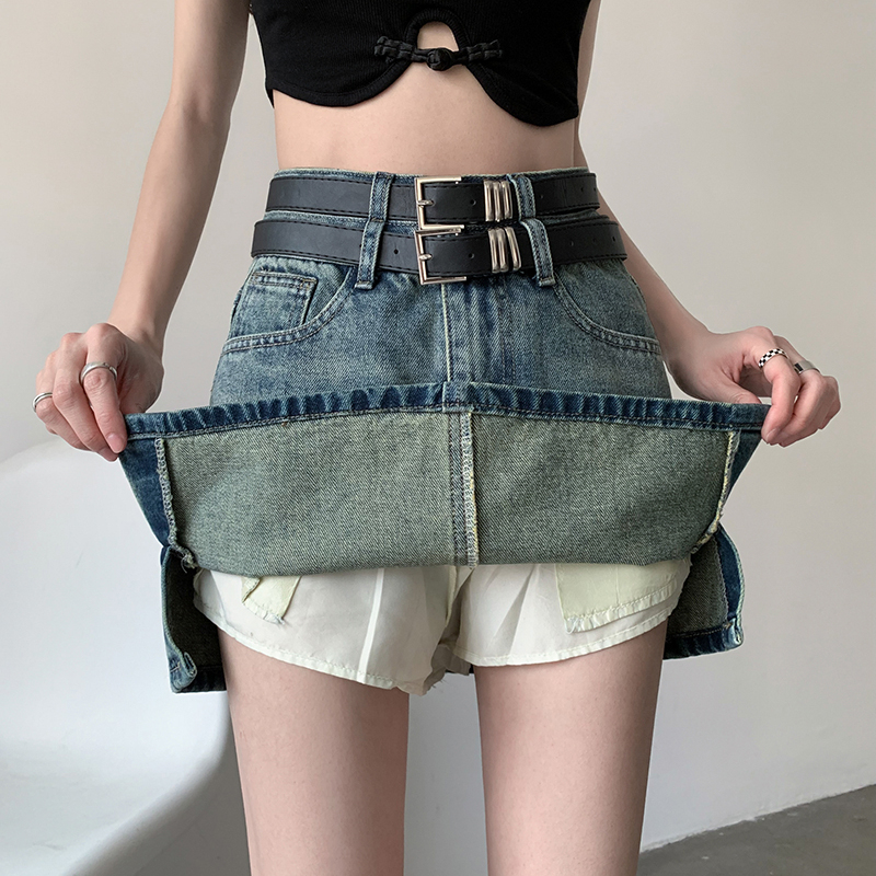2023 new retro Hong Kong style skirt Korean version sweet and cool high waist design slim A-line denim skirt