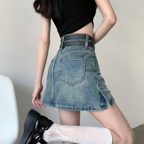 2023 new retro Hong Kong style skirt Korean version sweet and cool high waist design slim A-line denim skirt