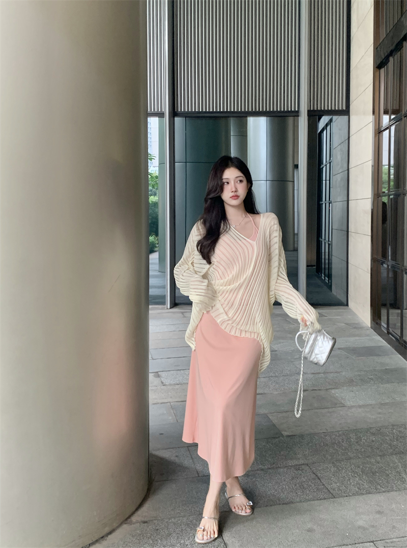 Summer sunscreen loose lazy style loose design blouse + solid color sexy suspender dress