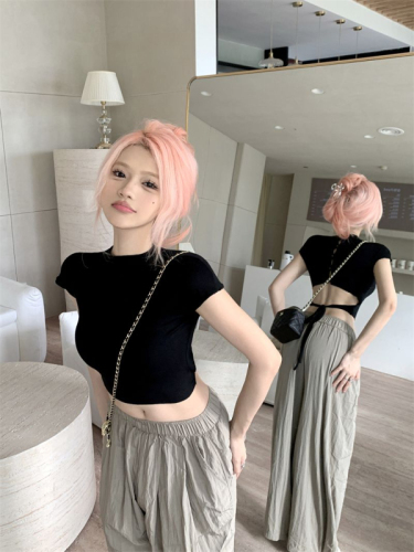 Summer high-end sense of American hot girl with umbilical straps short-sleeved top slim fit and thin short sexy waistless T-shirt for women