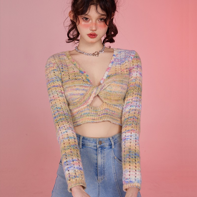 Spring Garden_Fantasy Monet Color V-neck Kink Jacket Women's Hollow Out