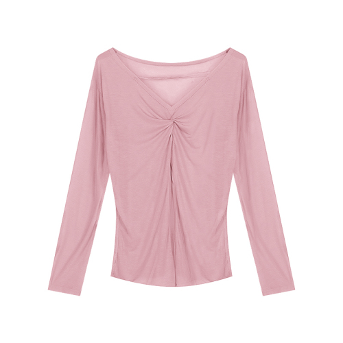 Two-wear kink design sense niche long-sleeved pink sunscreen blouse T-shirt women's summer thin section loose slit top