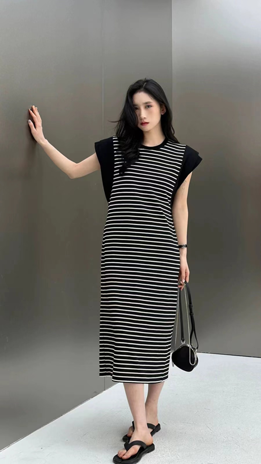 BodhlCat Round Neck Contrast Color Striped Sleeveless Dress 2023 Summer New Lazy Casual Slit Long Skirt for Women