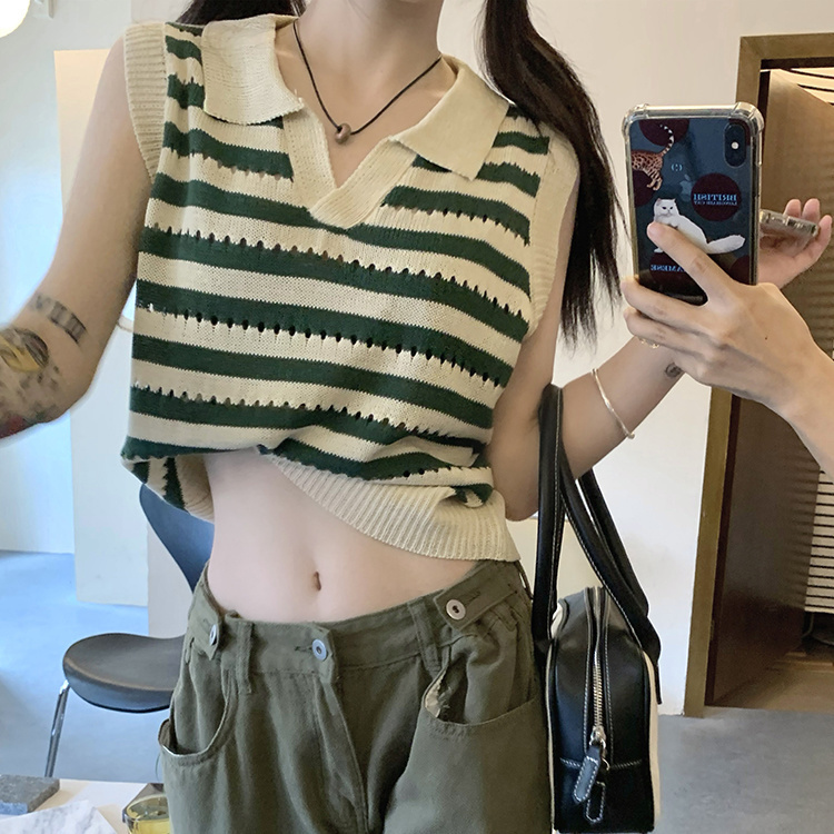 Hong Kong-flavored hot girl stripes hit color hollow polo collar sweater vest female layered thin sleeveless T-shirt top summer