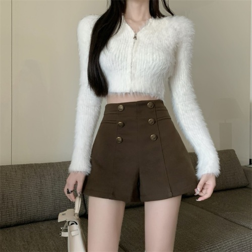 Woolen shorts women's early autumn  new boot pants slim double-breasted loose shorts