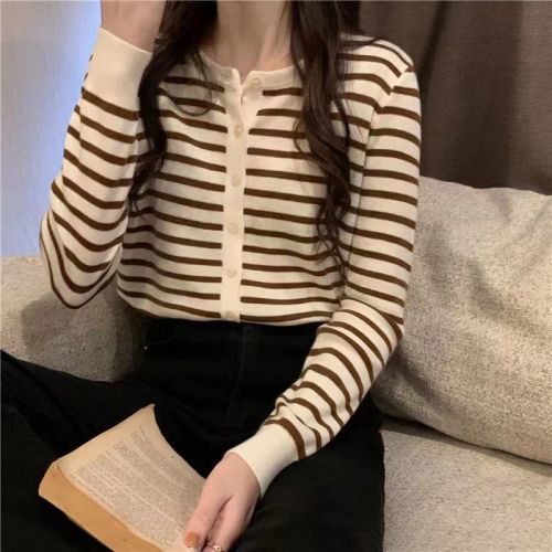 Striped knitted sweater women's loose long-sleeved summer new fashion Korean design sense cardigan with slim top trend