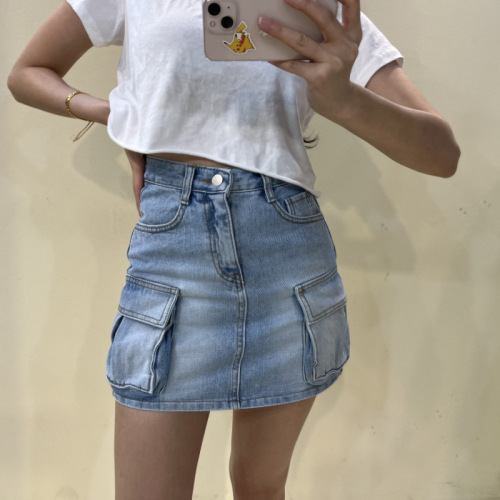 Summer Tooling Denim Skirt Design Sense Pocket Personality Skirt Women's Skirt