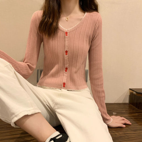 Purple long-sleeved t-shirt female ins spring new style Hyuna style V-neck navel ice silk knitted short top foreign style