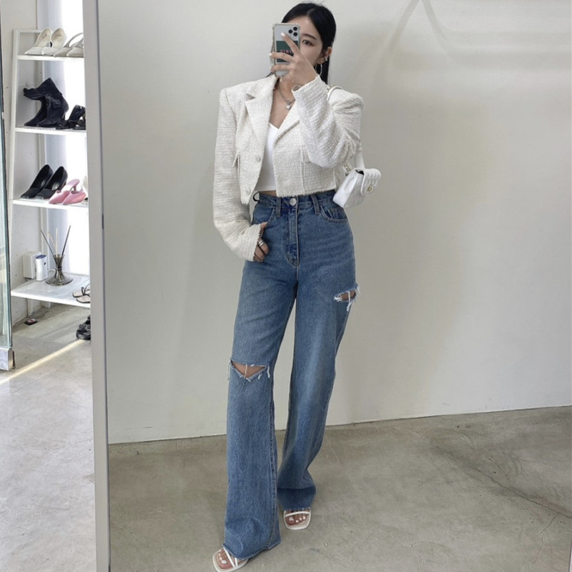 Knockout Cut Raw Edge Straight Leg Washed Jeans