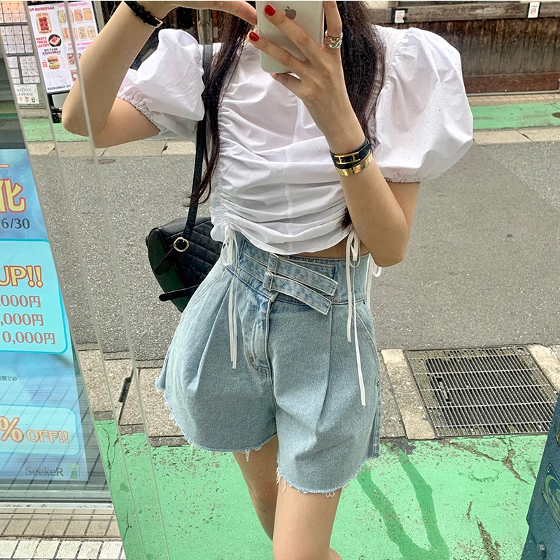 South Korea's Dongdaemun French-style age-reducing pure desire wind drawstring pleated short bubble shirt fashion niche tops small shirts