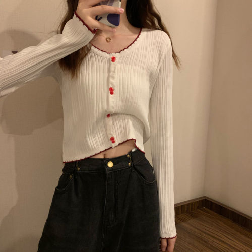 Purple long-sleeved t-shirt female ins spring new style Hyuna style V-neck navel ice silk knitted short top foreign style