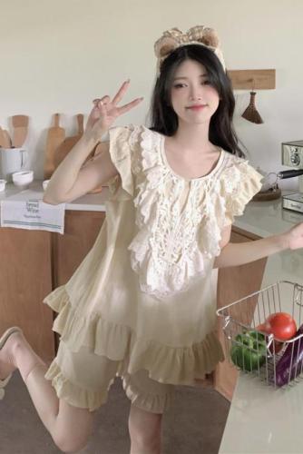 Korean version of sweet lace princess style lotus leaf edge cotton solid color outerwear loose home service suit